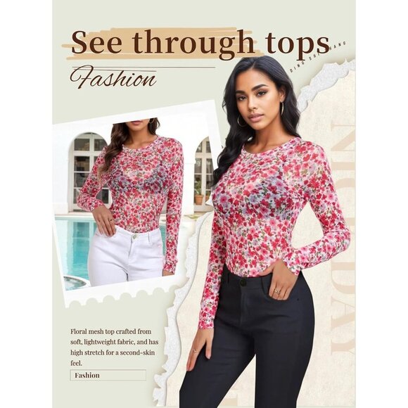 🆕Women Pinky White Floral Mesh Top Crew Neck Long Sleeve Polyester Sexy Tee - Picture 3 of 6